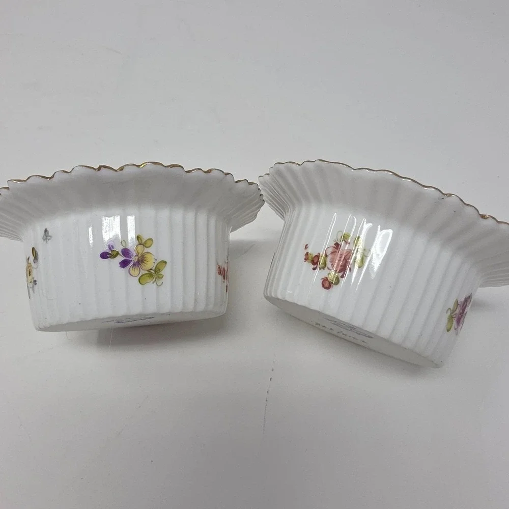 Saxe Germany Porcelain Ramekin Custard Bowls White Floral Gold Rim Lot 2 Vintage